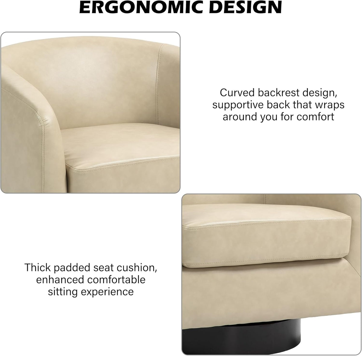 Swivel Barrel Accent Chair, Modern Round Faux Leather Arm Chair for Living Room, Bedroom, Comfy