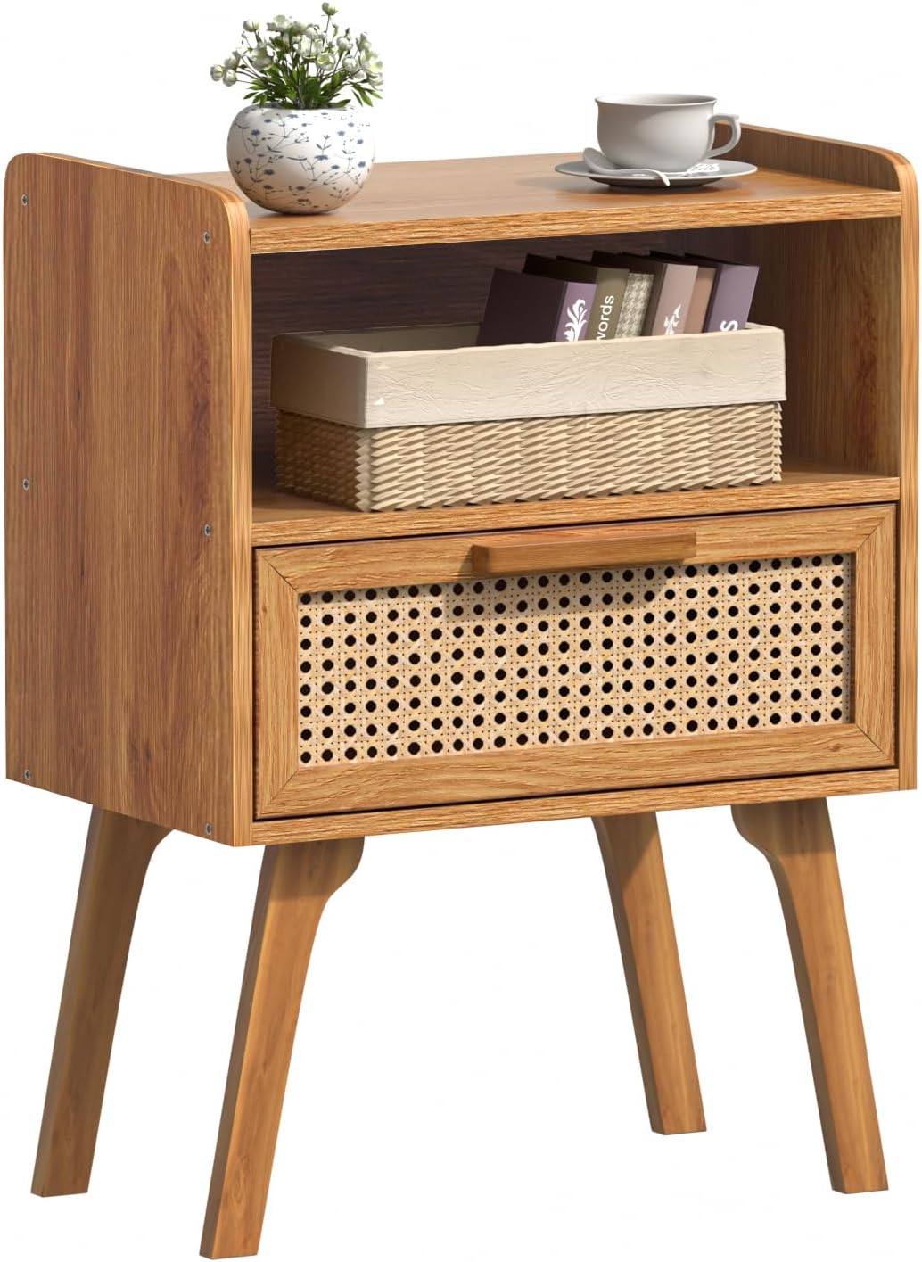 Lerliuo Rattan Nightstand, Side Table with Drawer Open Shelf, Cane Accent Bedside End Table with
