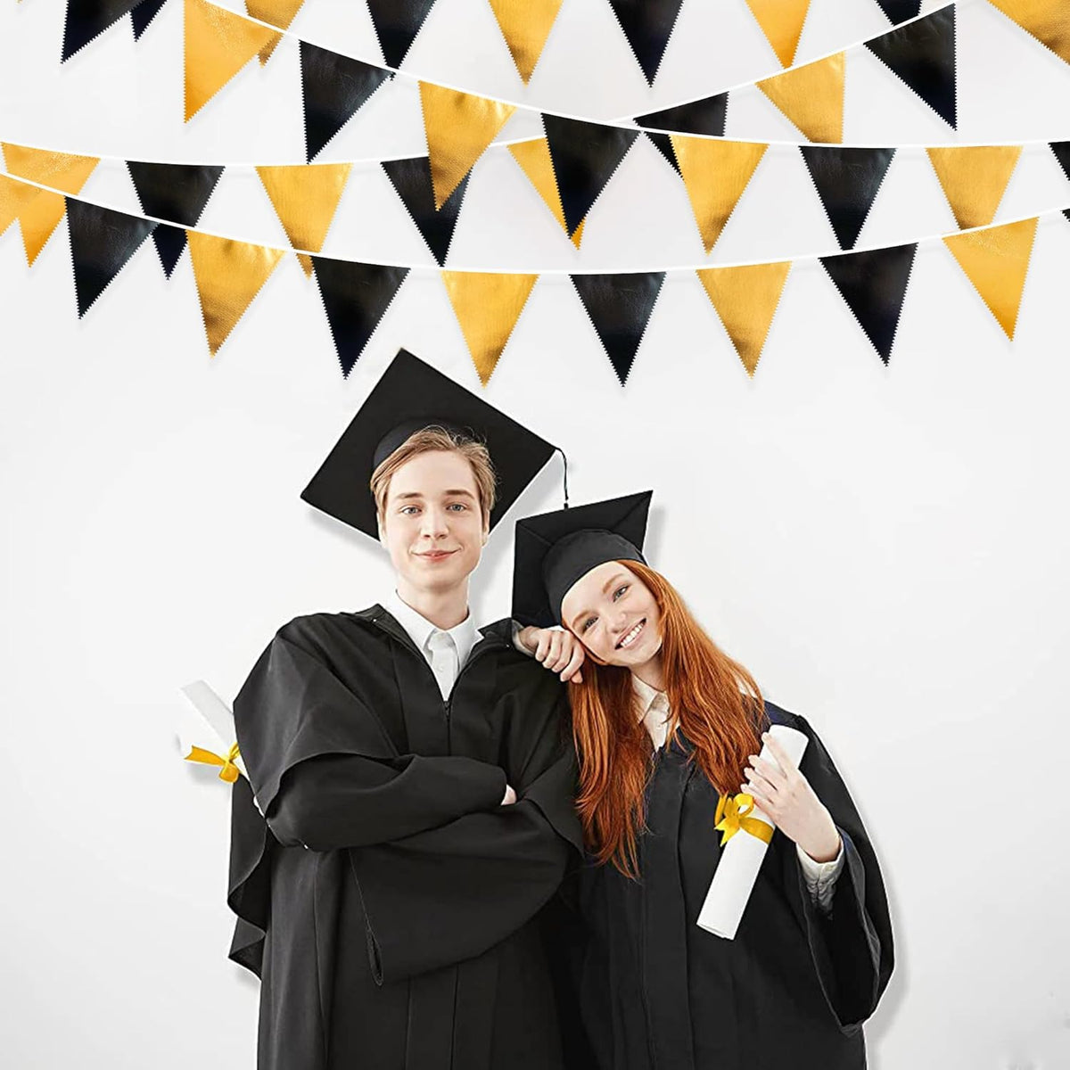 Black and Gold Party Decorations Triangle Pennant Banner Flag Metallic Fabric Bunting Garland for