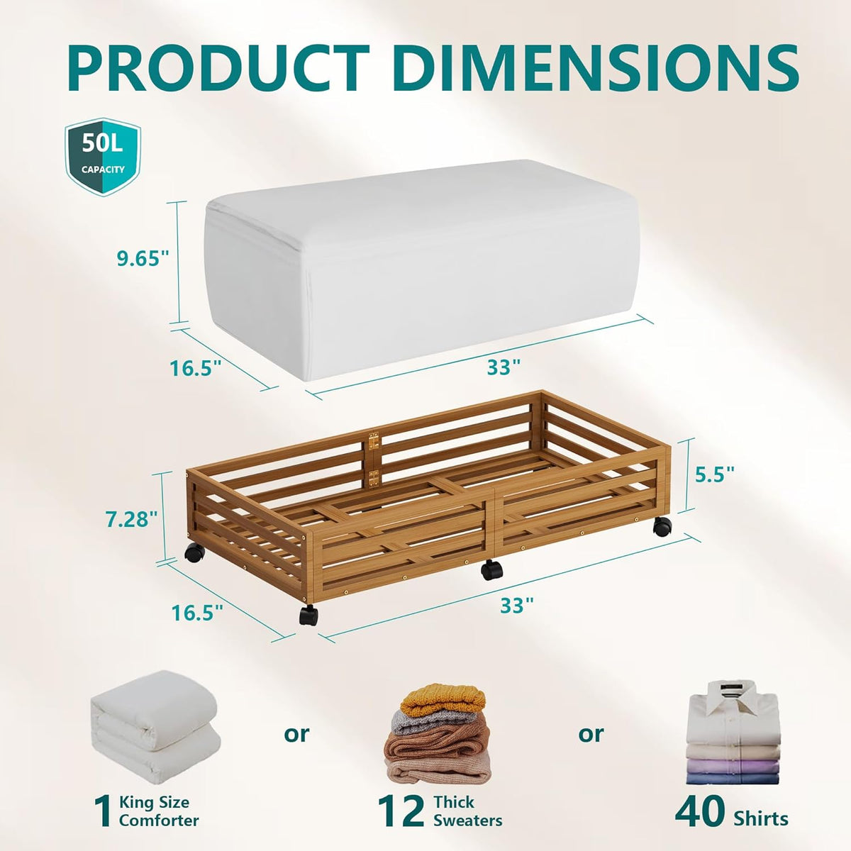 Bamboo Under Bed Storage Containers- Underbed Organizer with Wheels with Large Dust Bag,Sturdy Wood
