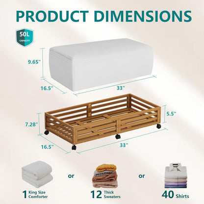 Bamboo Under Bed Storage Containers- Underbed Organizer with Wheels with Large Dust Bag,Sturdy Wood