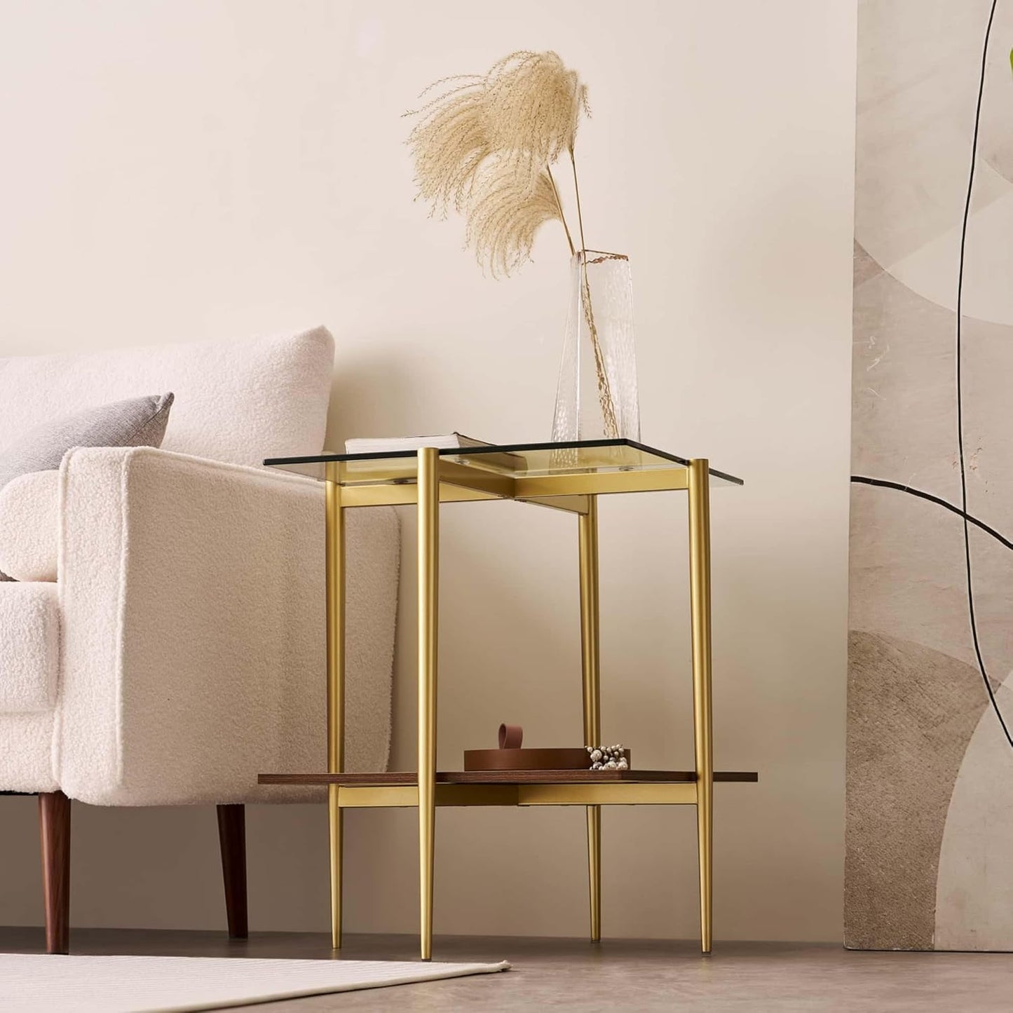 Glass End Table, Mid-Century Modern Design Sofa Table, for Living Room, 2-Tier Structure, Clear