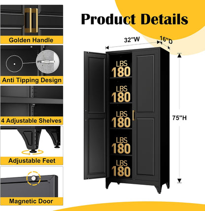 Kitchen Pantry Cabinet,75”Black Metal Storage Cabinets with Doors and 4 Adjustable Shelves,Kitchen