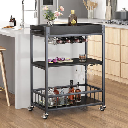 Bar Cart Serving Wine 3 Tier Home Rolling Rack with Wheels Mobile Kitchen Industrial Vintage Style
