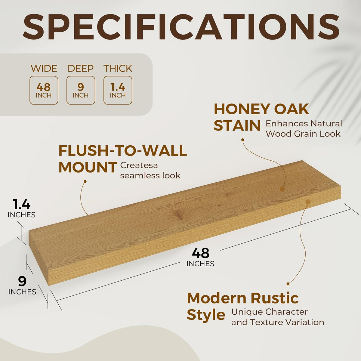 48 inch Floating Shelves for Wall Large Wall Mounted Shelves with Invisible Brackets, Oak Long