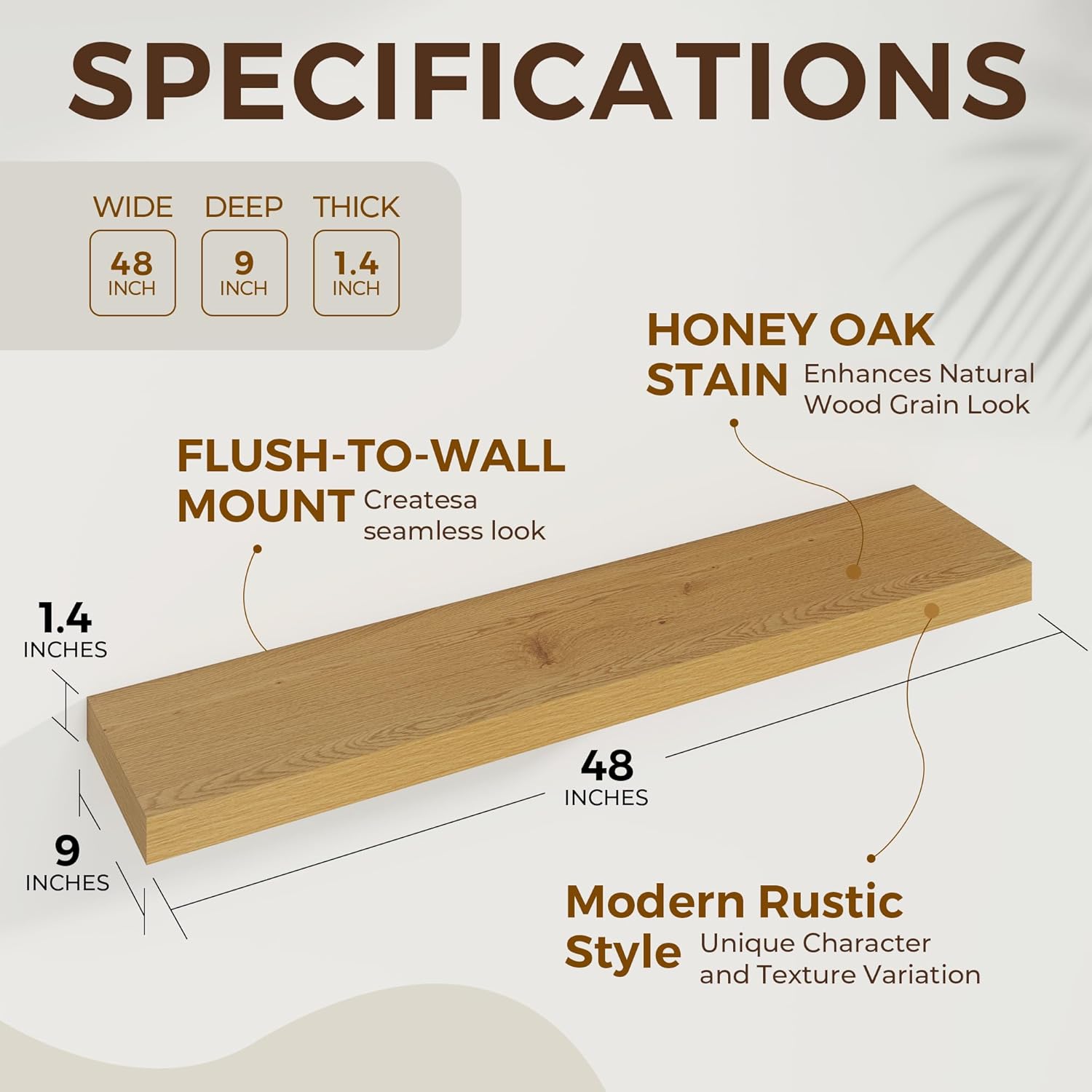 48 inch Floating Shelves for Wall Large Wall Mounted Shelves with Invisible Brackets, Oak Long