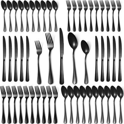 Lazycorner 50 Pcs Black Silverware Set for 10, Mirror Polished Flatware Set Stainless Steel Fork