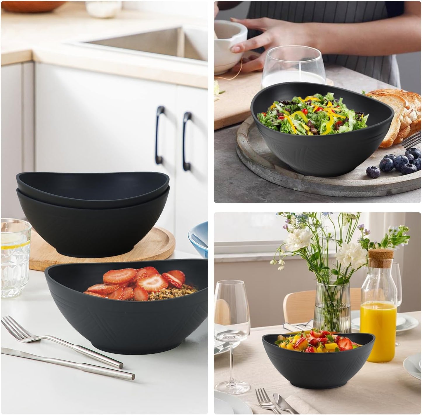 65oz Large Salad Bowls Black - Wheat Straw Salad bowls Set of 4 - Unbreakable Salad Bowls Dishware