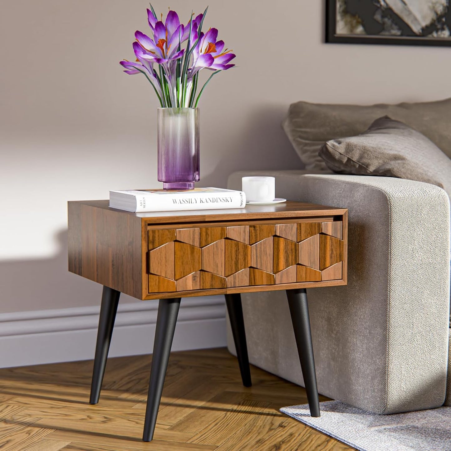 Bme Georgina Solid Wood Nightstands with Drawers - Fully Assembled Rustic Geometric Pattern Bedside