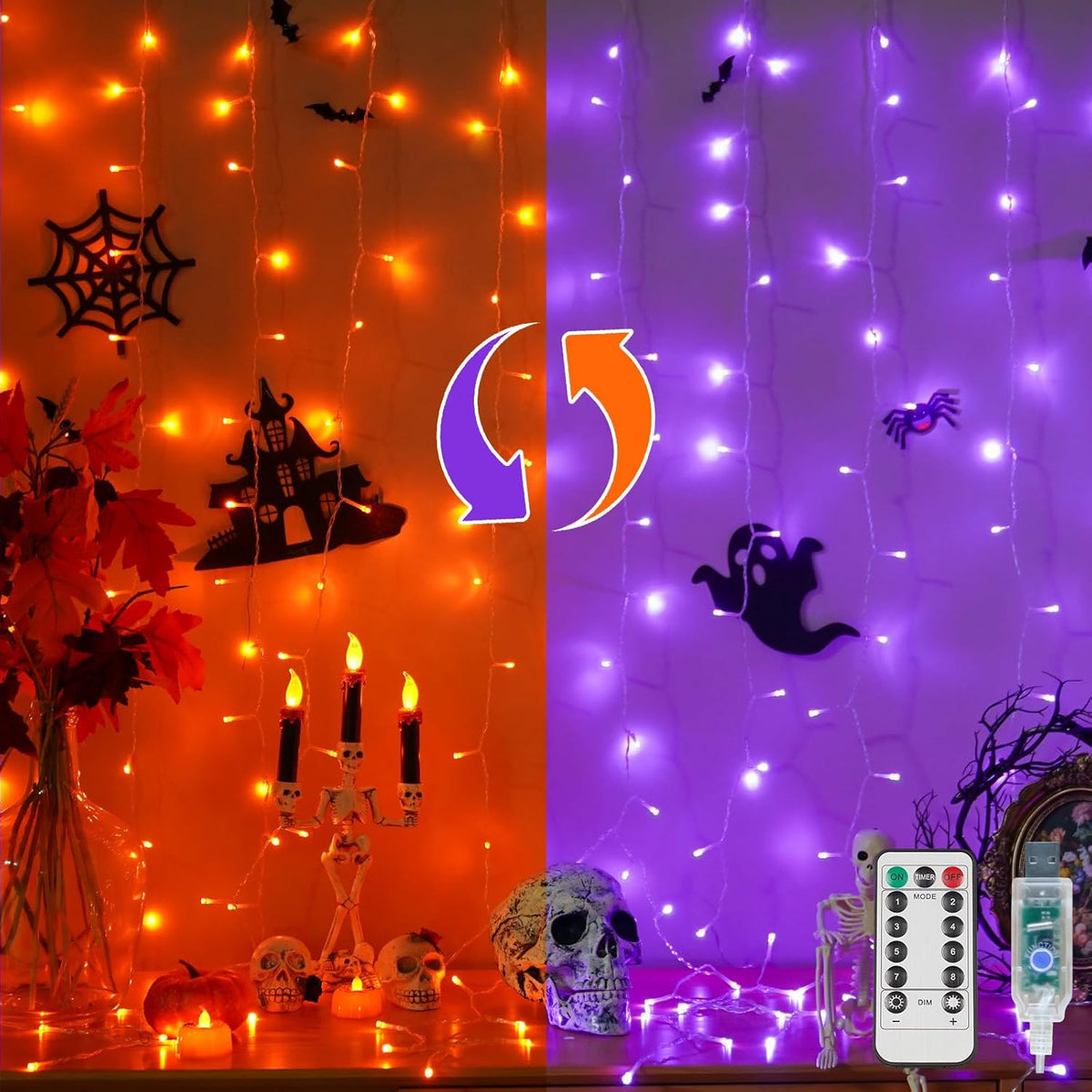 suddus Color Changing Curtain Lights for Halloween, 200 LED 6.5ft x 6.5ft Hanging String Lights