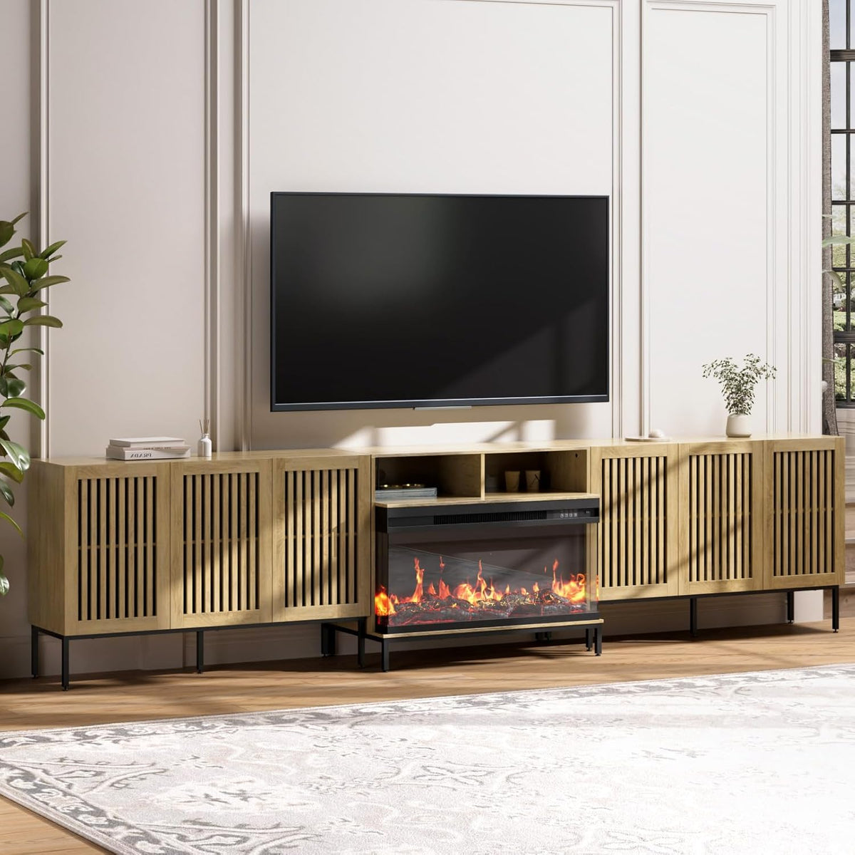 3-Sided Glass Farmhouse Fireplace TV Stand for TVs Up to 110 Inch, Oak Entertainment Center with