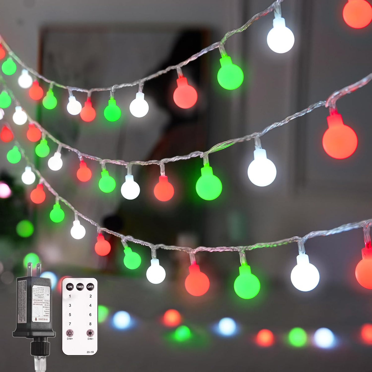 JMEXSUSS Globe String Lights Indoor, Fairy Lights Plug in, Red White and Green Christmas Light for