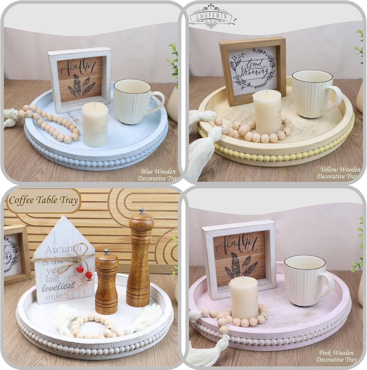 Round Wood Serving Tray with Beads, White Washed Wooden Decorative Tray for Entertaining