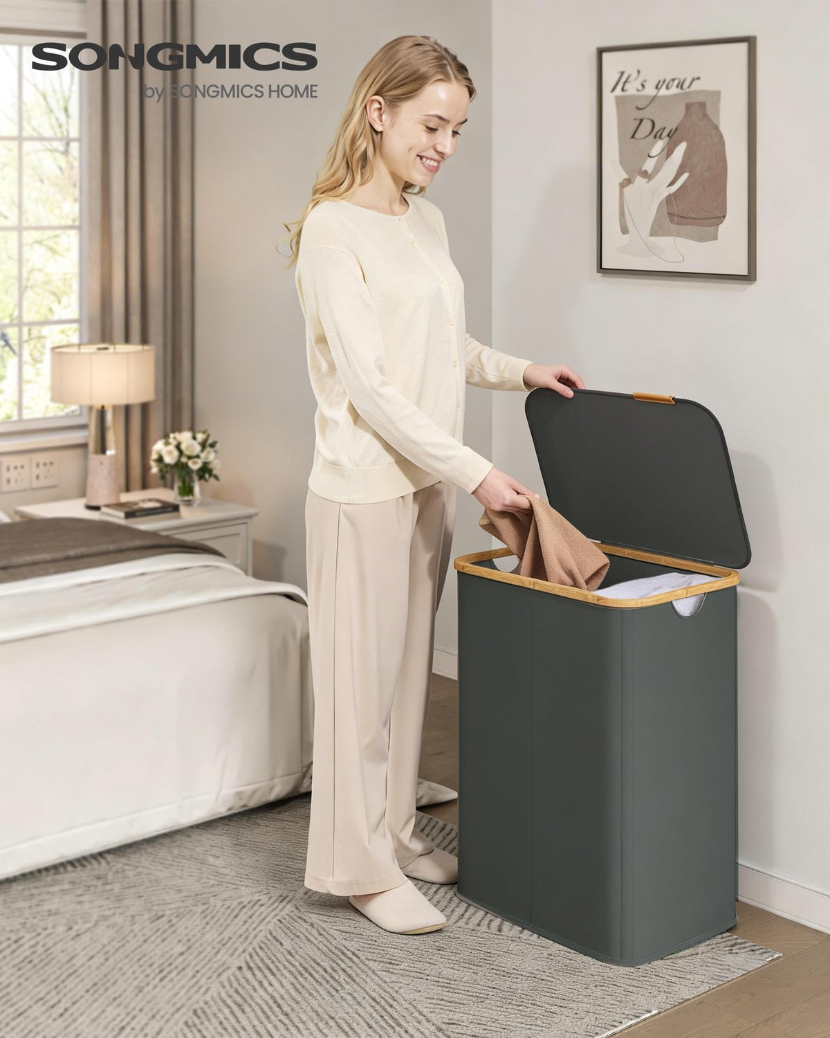 SONGMICS Laundry Hamper, Laundry Basket with Lid, Foldable Storage Basket, Bamboo Frame, for
