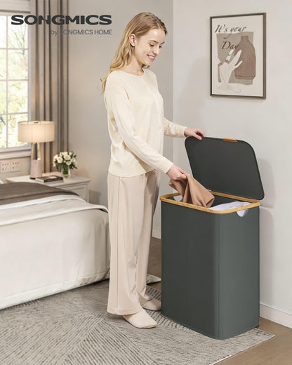 SONGMICS Laundry Hamper, Laundry Basket with Lid, Foldable Storage Basket, Bamboo Frame, for