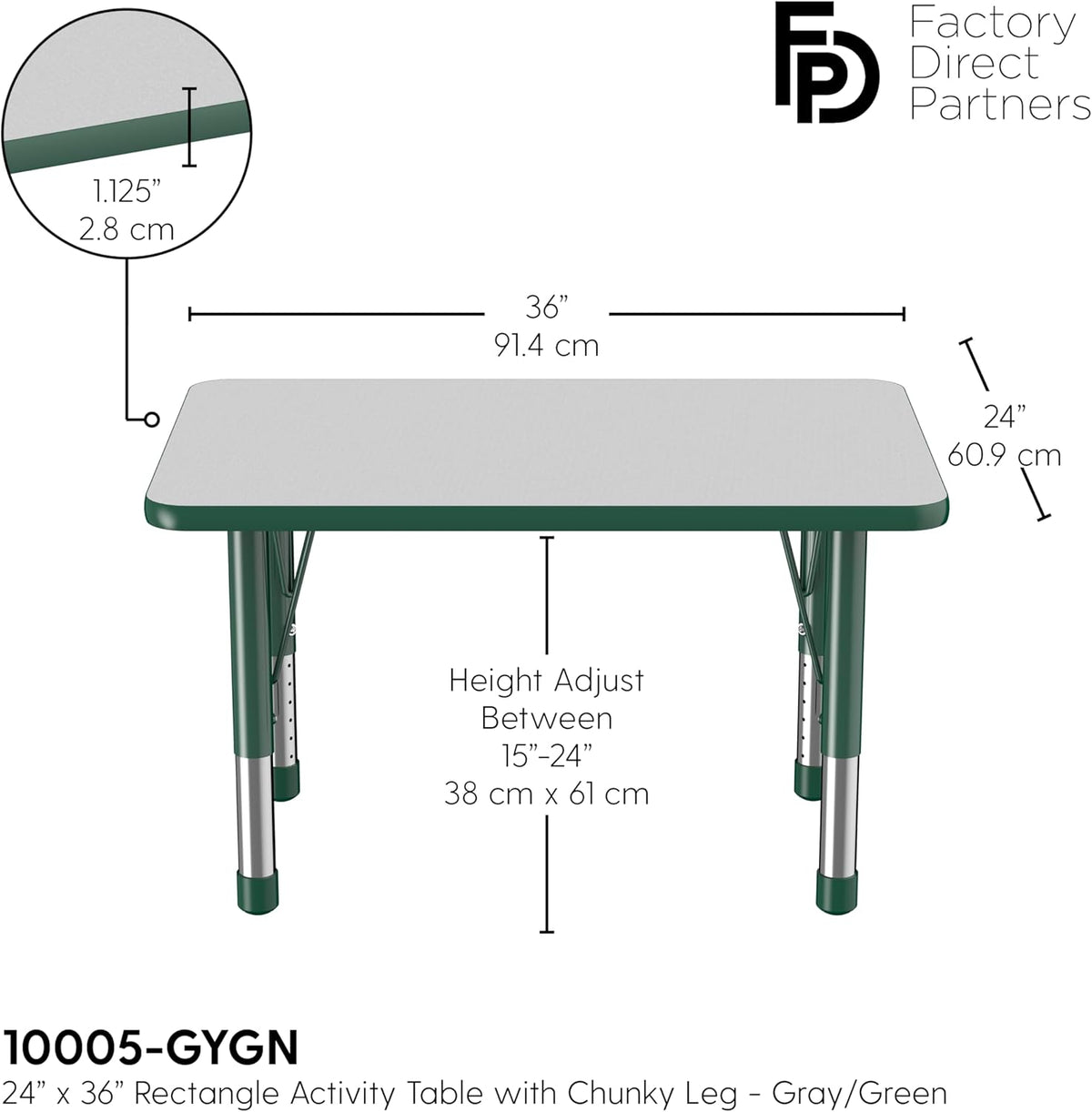 FDP Rectangle Activity School and Classroom Kids Table (24 x 36 inch), Chunky Toddler Leg