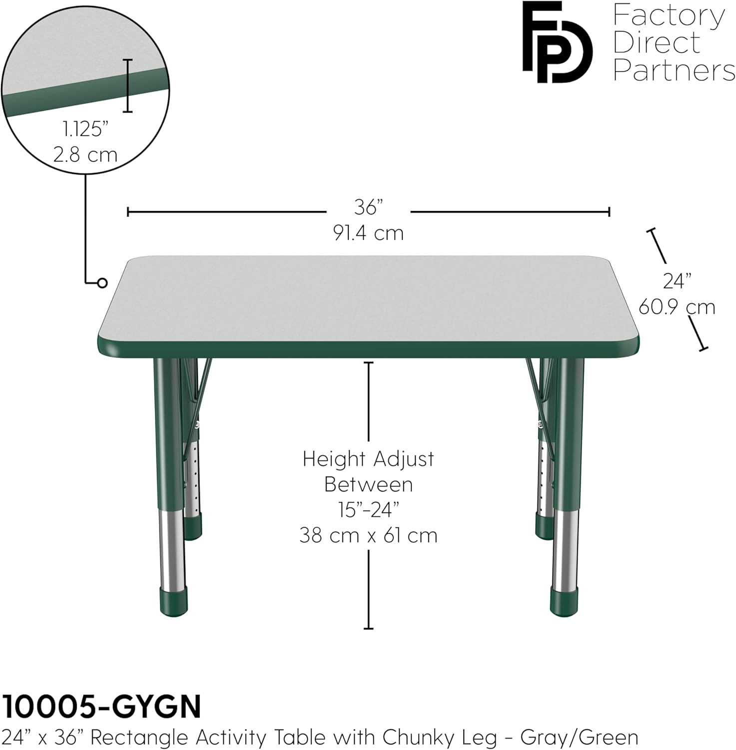 FDP Rectangle Activity School and Classroom Kids Table (24 x 36 inch), Chunky Toddler Leg
