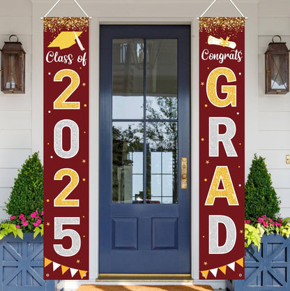 Graduation Decorations 2025 GRAD Banner Maroon Porch Door Sign Welcome Banner For Indoor Outdoor