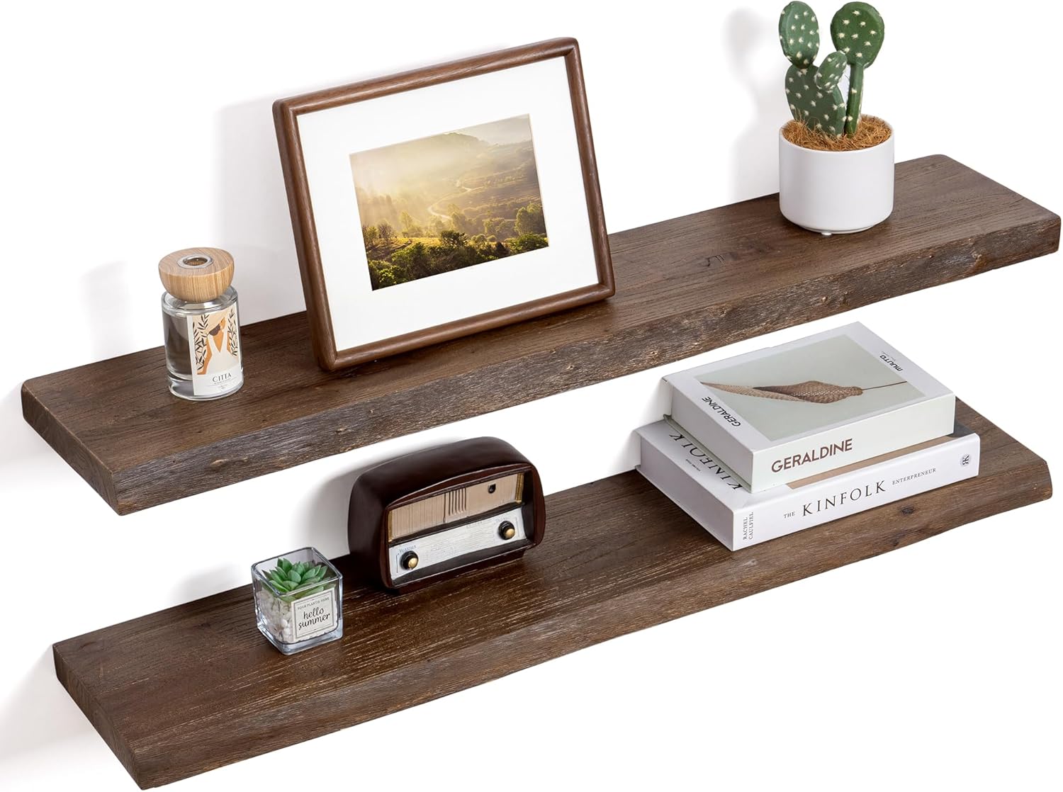 Floating Shelves for Wall Decor, Rustic Solid Elm Wood Live Edge Floating Shelves Wall Mounted