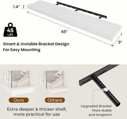 48 inch Floating Shelves for Wall Large Wall Mounted Shelves with Invisible Brackets, White Long