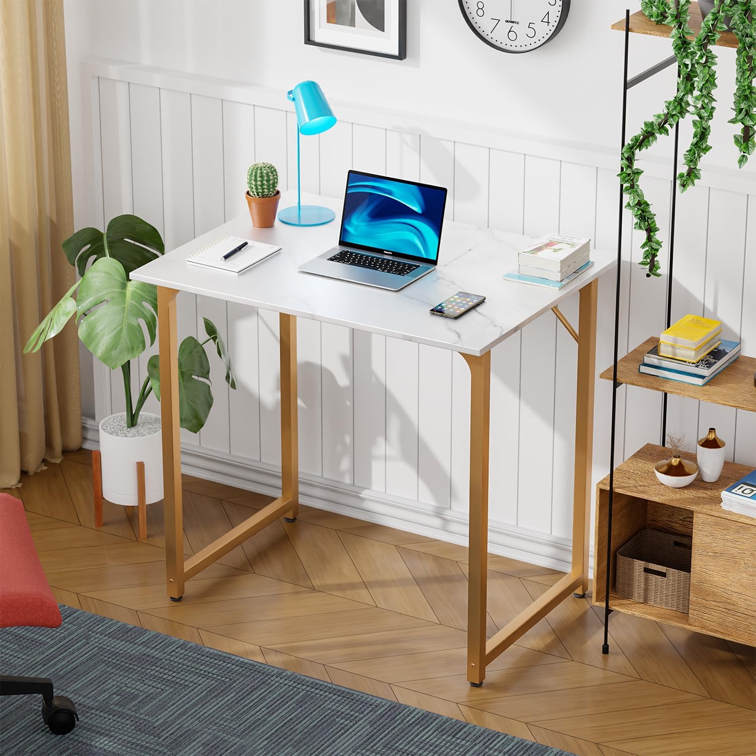 PayLessHere | 32 Inch Computer Desk | White Gold | Office Desk with Metal Frame, Adjustable Feet |