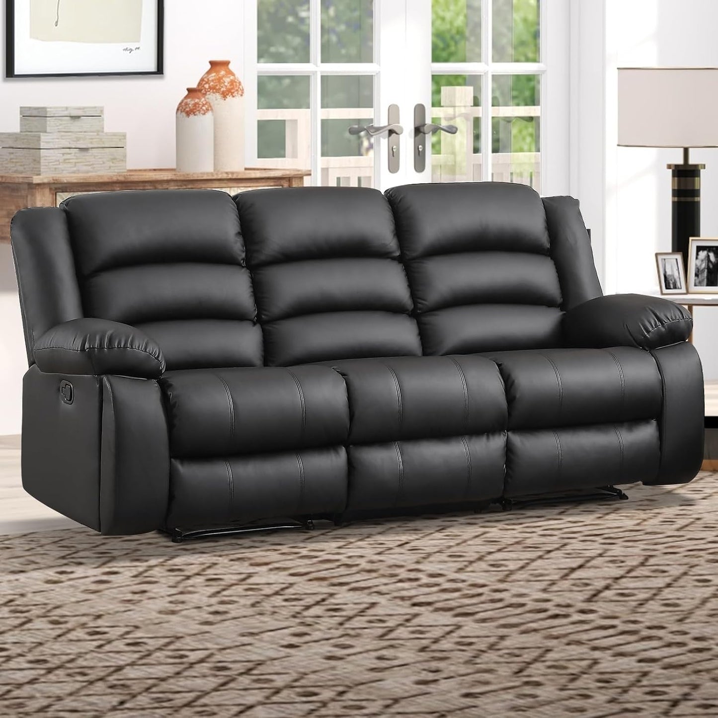 EBELLO Faux Leather Manual Reclining Sofa with 2 Concealed Cup Holders, Overstuffed Armrest 3 Seat