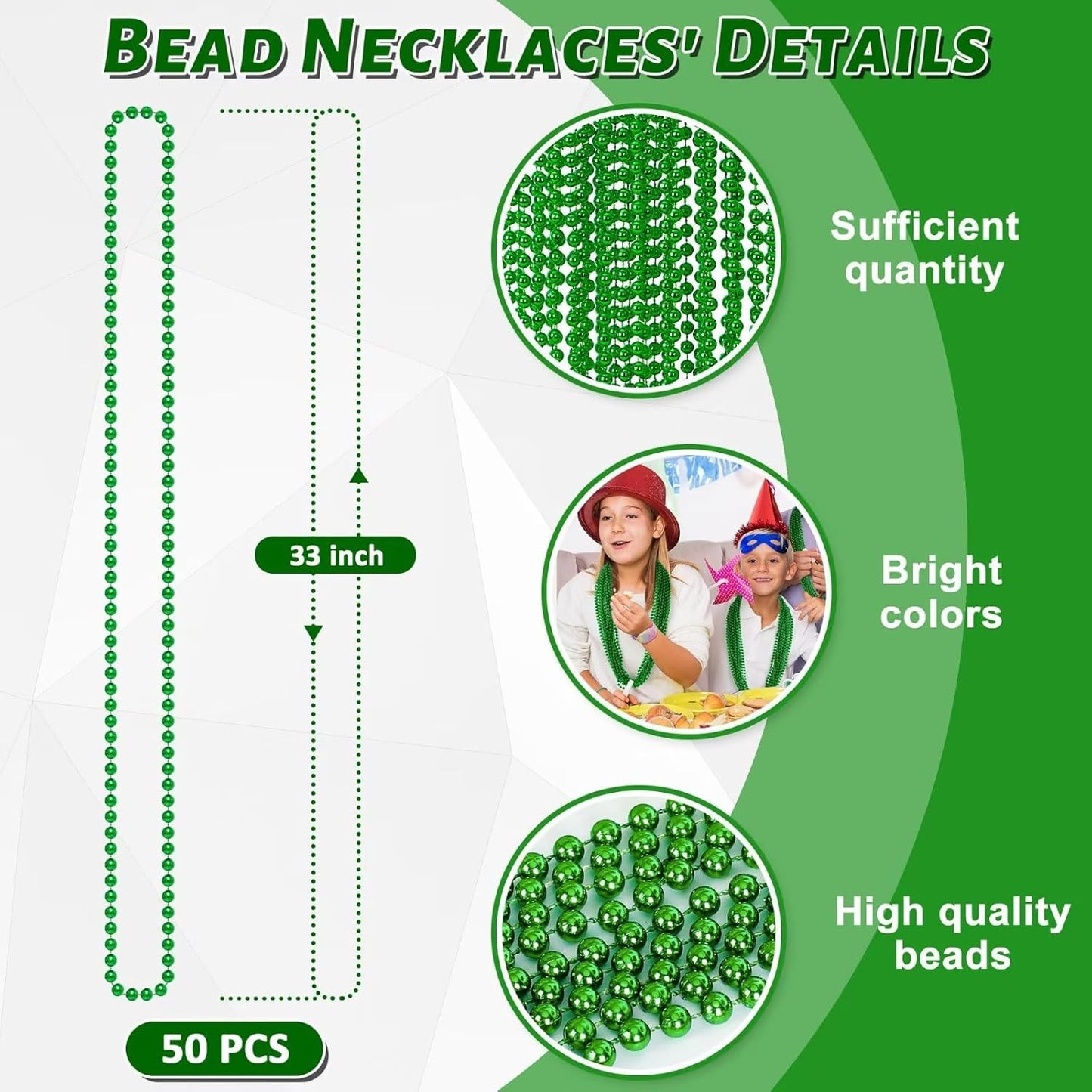 50PCS St Patricks Day Necklace, St. Patrick's Day Green Bead Necklace Accessories, Metallic Irish