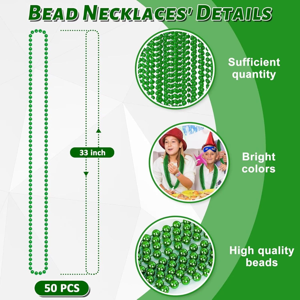 50PCS St Patricks Day Necklace, St. Patrick's Day Green Bead Necklace Accessories, Metallic Irish
