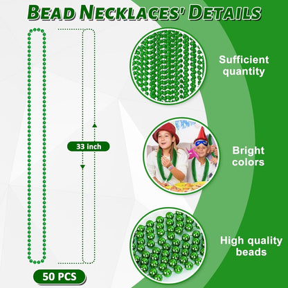 50PCS St Patricks Day Necklace, St. Patrick's Day Green Bead Necklace Accessories, Metallic Irish
