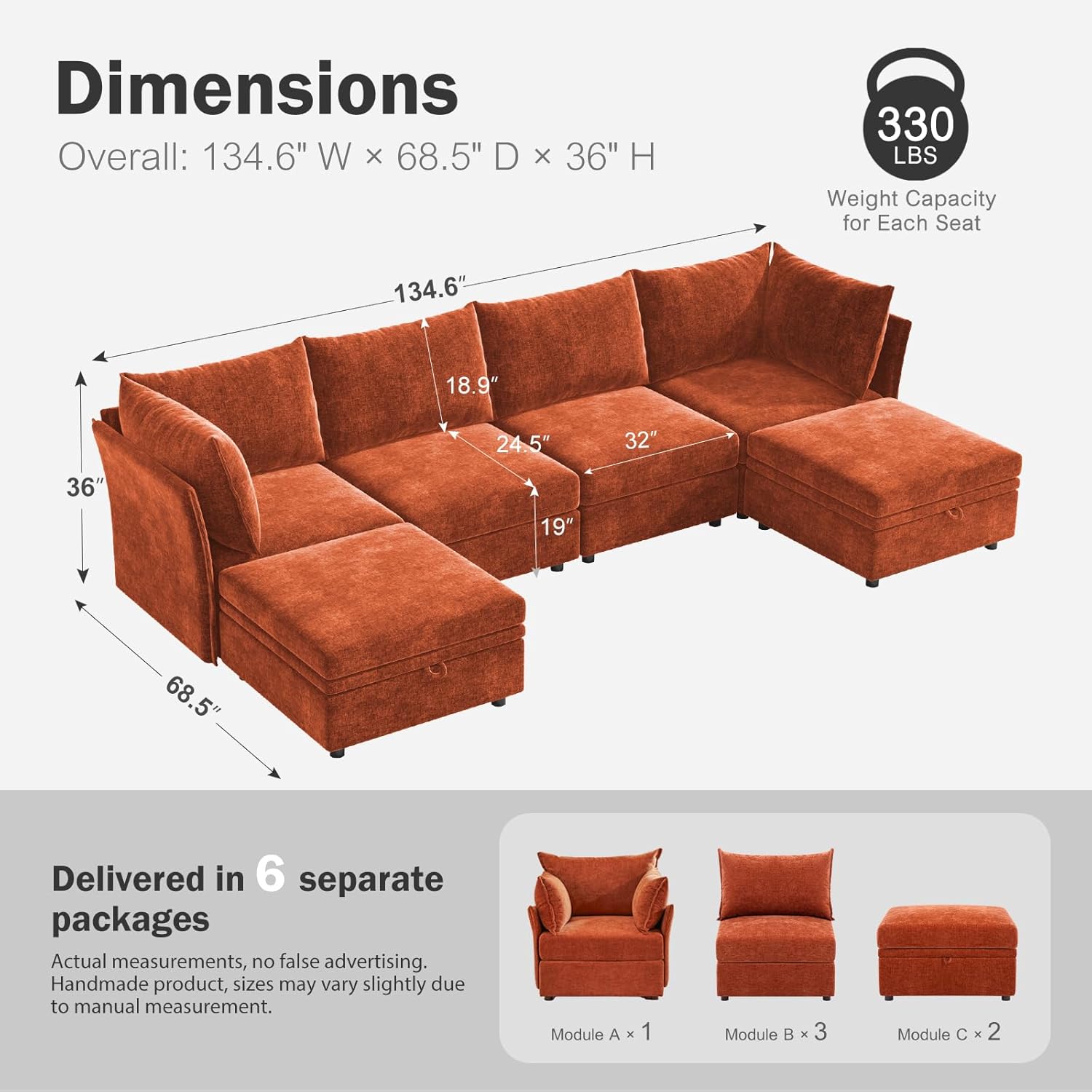 134.6" Oversized Modular Sectional Sofa, 6 Seater U Shaped Couch with Storage Ottoman with