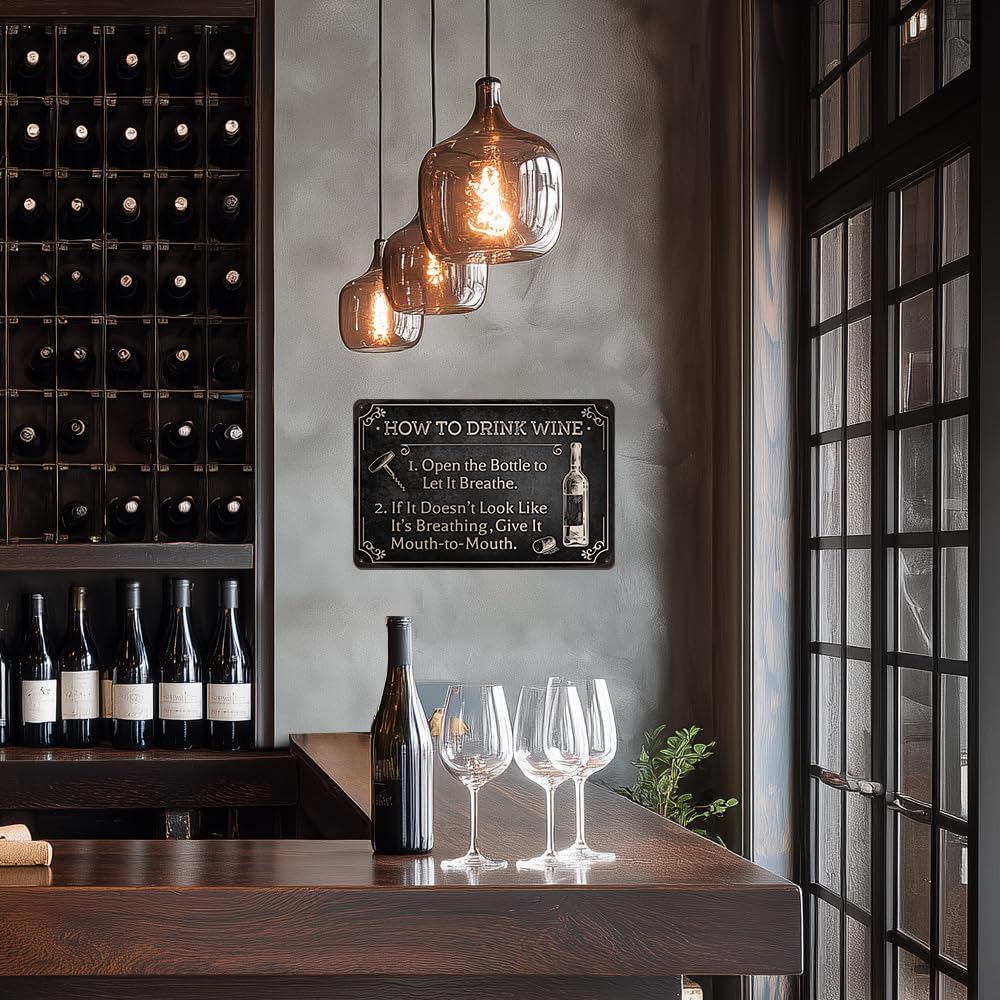 Heuhuww Funny Wine Bar Metal Sign-How To Drink Wine Wall Decor for Farmhouse Bar Station Wine
