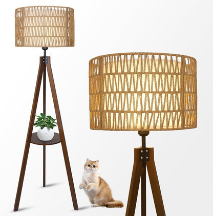 Boho Tripod Floor Lamp with Shelves, Mid Century Wood Standing Lamp with Rattan & Fabric Shades