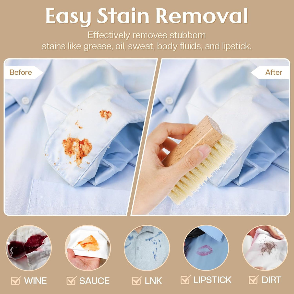 3 Pcs Wood Laundry Stain Brush Stain Remover Brushes with Boar Bristle Small Stain Brush for