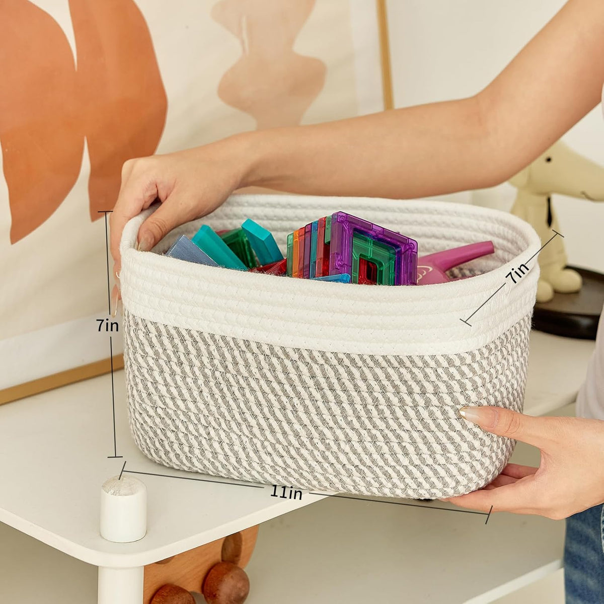 Small Cotton Rope Storage Basket Set of 3-11"x7"x7" Perfect Woven Baskets for Storage, Ideal