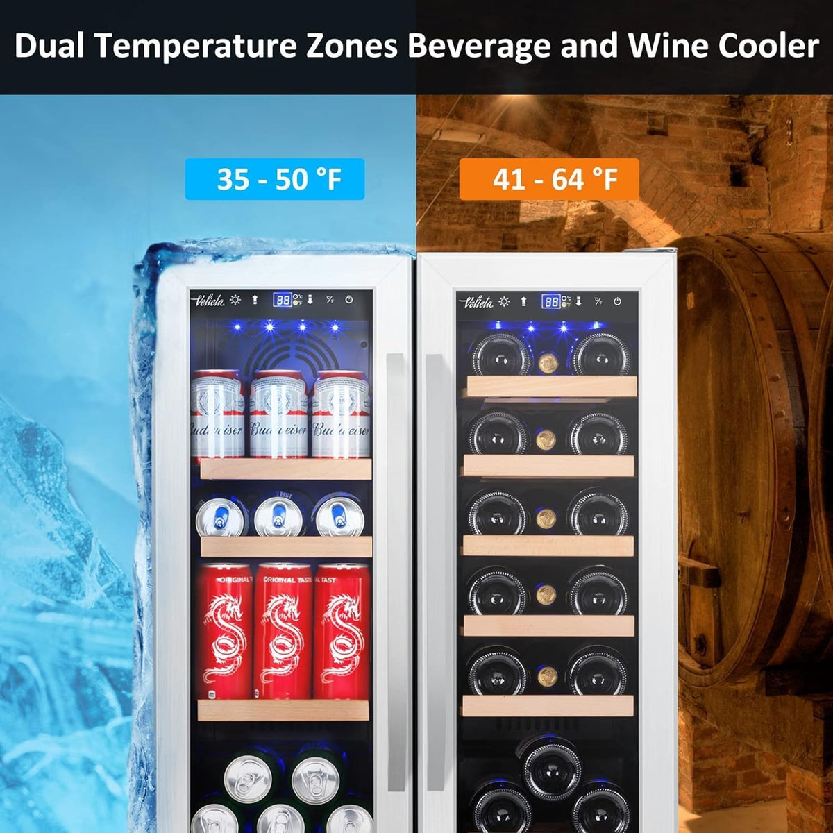 Wine and Beverage Refrigerator, 24 Inch Dual Zone Fridge with Glass Door, Built-In Cooler with