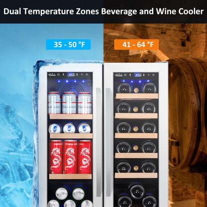 Wine and Beverage Refrigerator, 24 Inch Dual Zone Fridge with Glass Door, Built-In Cooler with