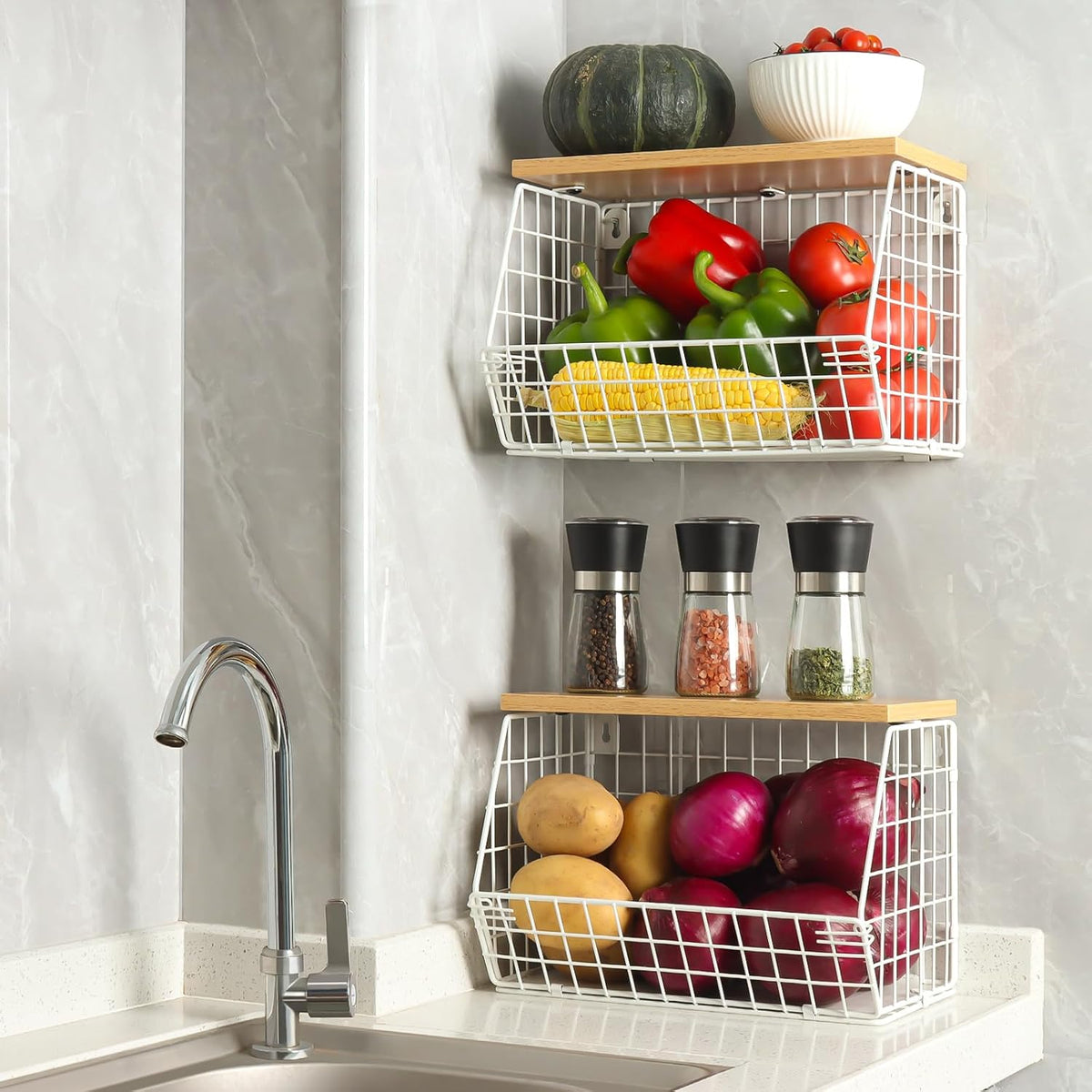 Fruit Basket, 2-Tier Fruit Bowl for Kitchen Counter, Stackable Wall Mounted Fruit Storage, Snack