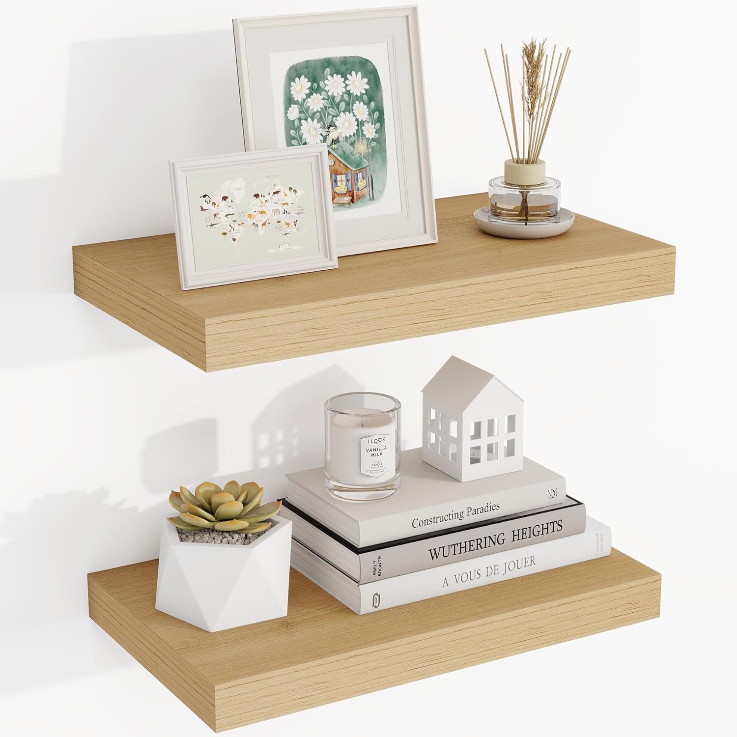 16 Inch Floating Shelves, 3D Textured Wood Grain, 16"x9.25"x1.5" Inch Deep Floating Shelves for
