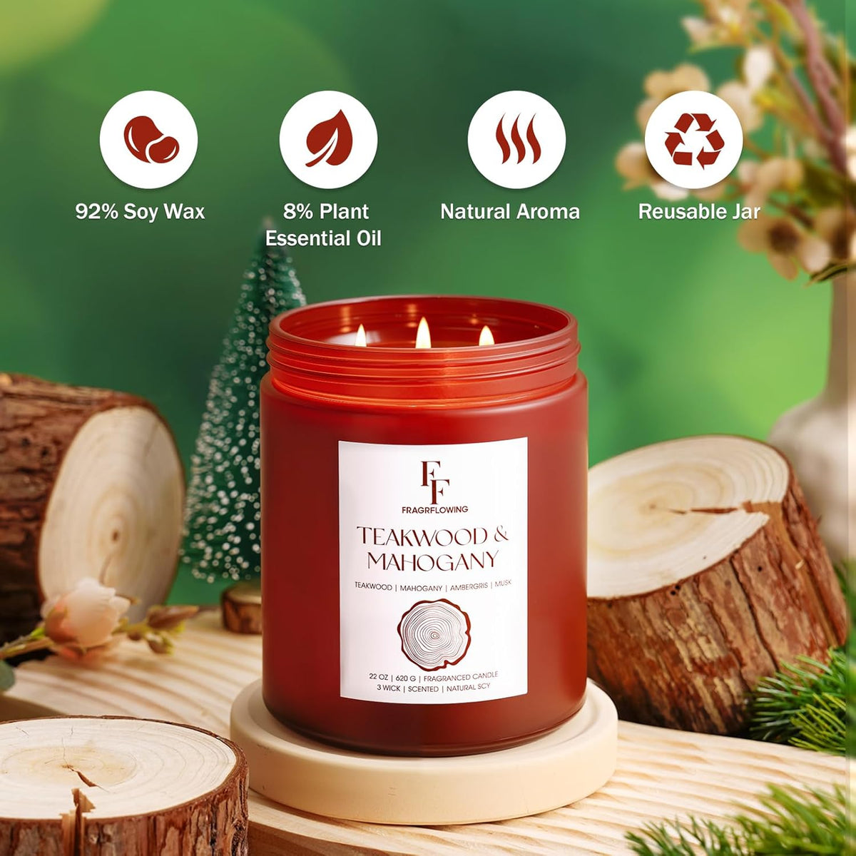 Teakwood & Mahogany Large Scented Candle, 3-Wick 22oz Long Lasting Scented Candle, Natural Soy Wax