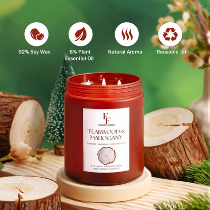 Teakwood & Mahogany Large Scented Candle, 3-Wick 22oz Long Lasting Scented Candle, Natural Soy Wax
