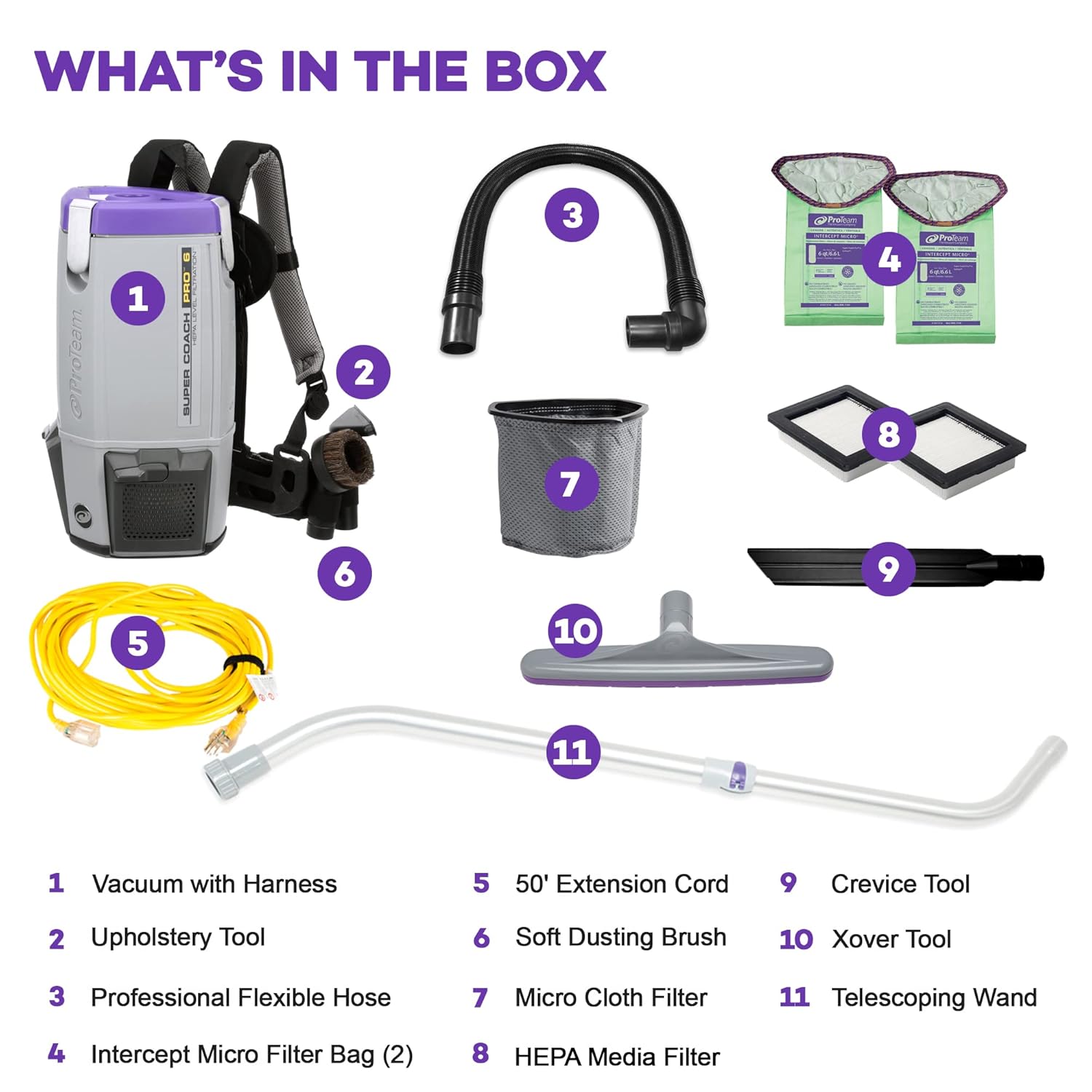 ProTeam Super Coach Pro 6 Backpack Vacuum Commercial with Telescoping Wand Tool Kit, 6 Quart