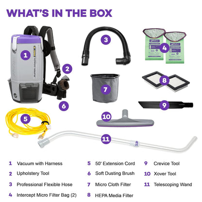 ProTeam Super Coach Pro 6 Backpack Vacuum Commercial with Telescoping Wand Tool Kit, 6 Quart