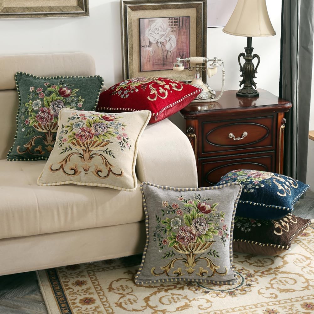 Set of 2 Blue Vintage Embroidered Throw Pillows Covers 18x18in，Vintage Decorations Floral