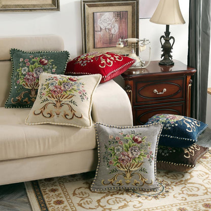 Set of 2 Blue Vintage Embroidered Throw Pillows Covers 18x18in，Vintage Decorations Floral