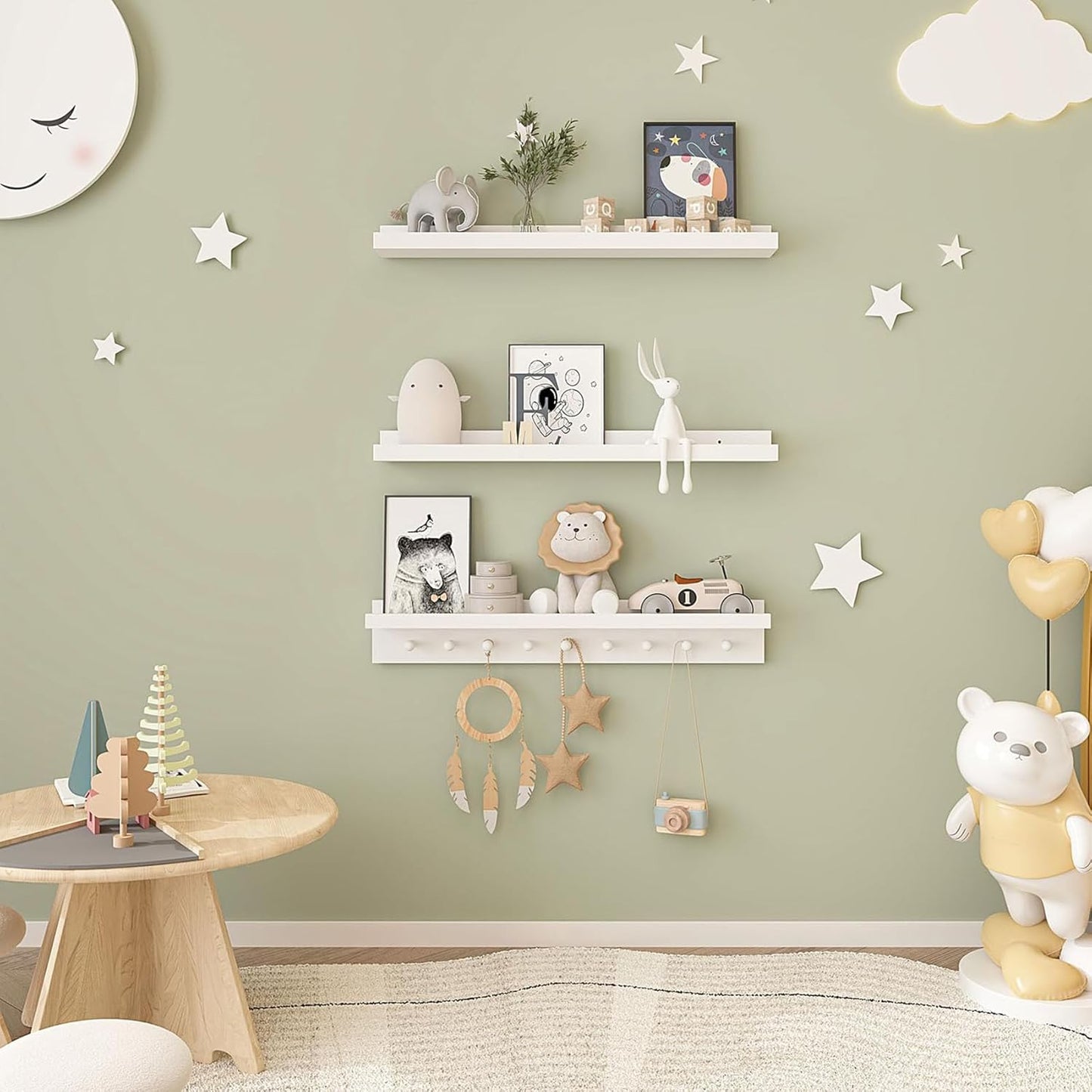 MBYD White Floating Shelves for Wall with Hooks, Nursery Book Shelves for Kids Room, 36 Inch Wall
