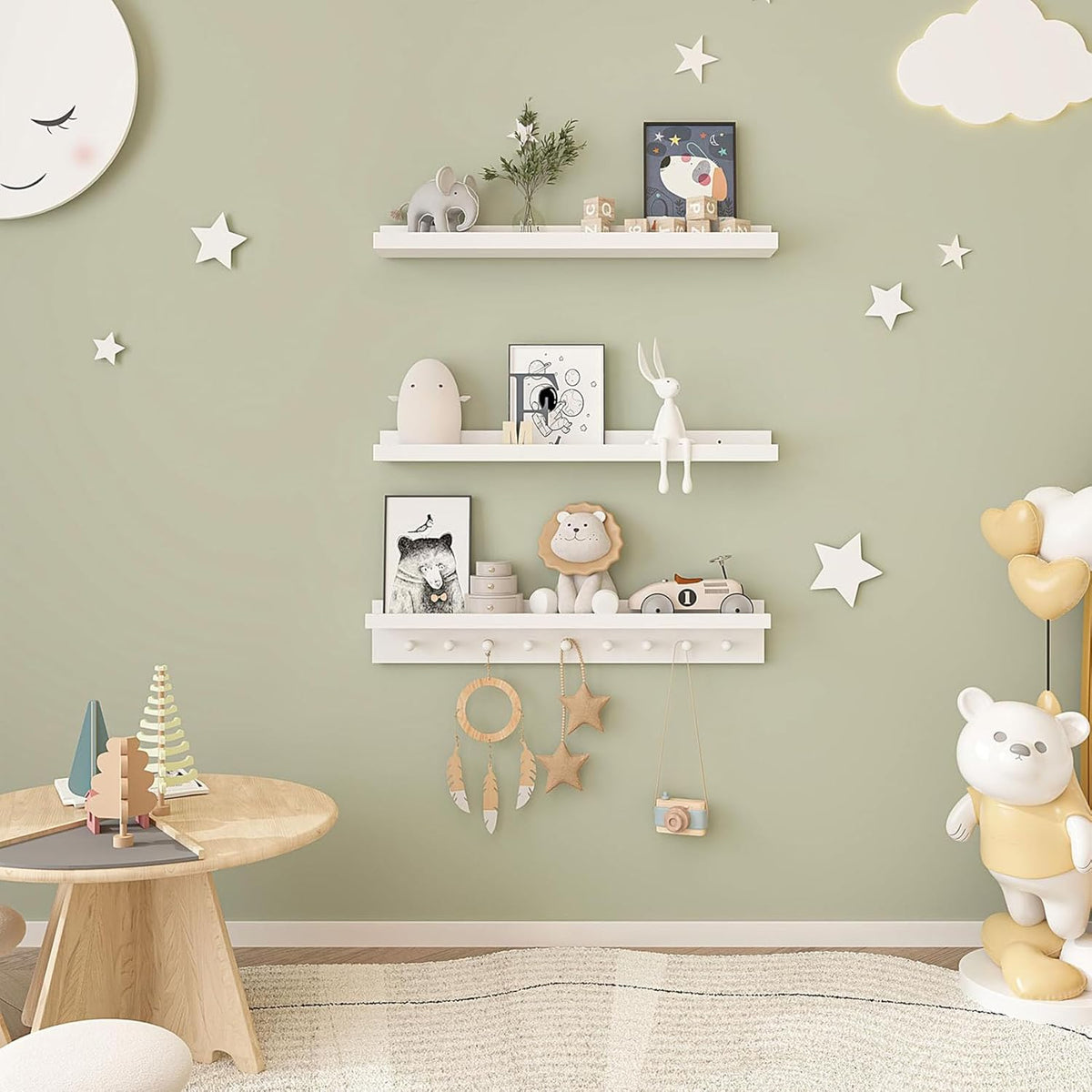 MBYD White Floating Shelves for Wall with Hooks, Nursery Book Shelves for Kids Room, 36 Inch Wall
