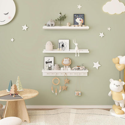 MBYD White Floating Shelves for Wall with Hooks, Nursery Book Shelves for Kids Room, 36 Inch Wall