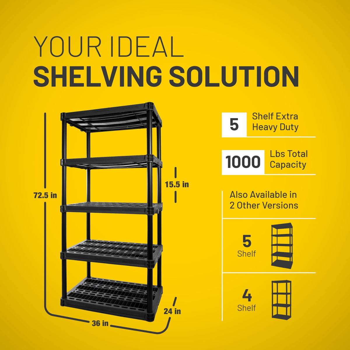 Plano 5-Shelf Extra Heavy Duty Plastic Storage Shelves, 72.5” x 36” x 24”, 1000lb Capacity, Pantry