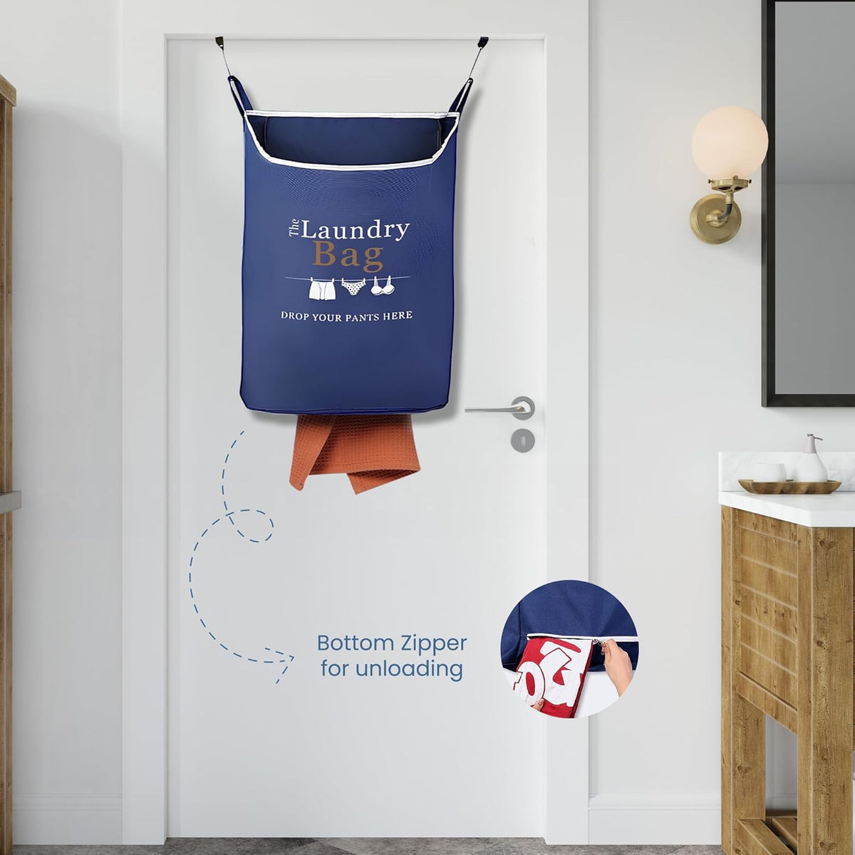 Fine Living Co. Large Hanging Laundry Hamper with Over Door Hooks & Adhesive, Durable Space Saving