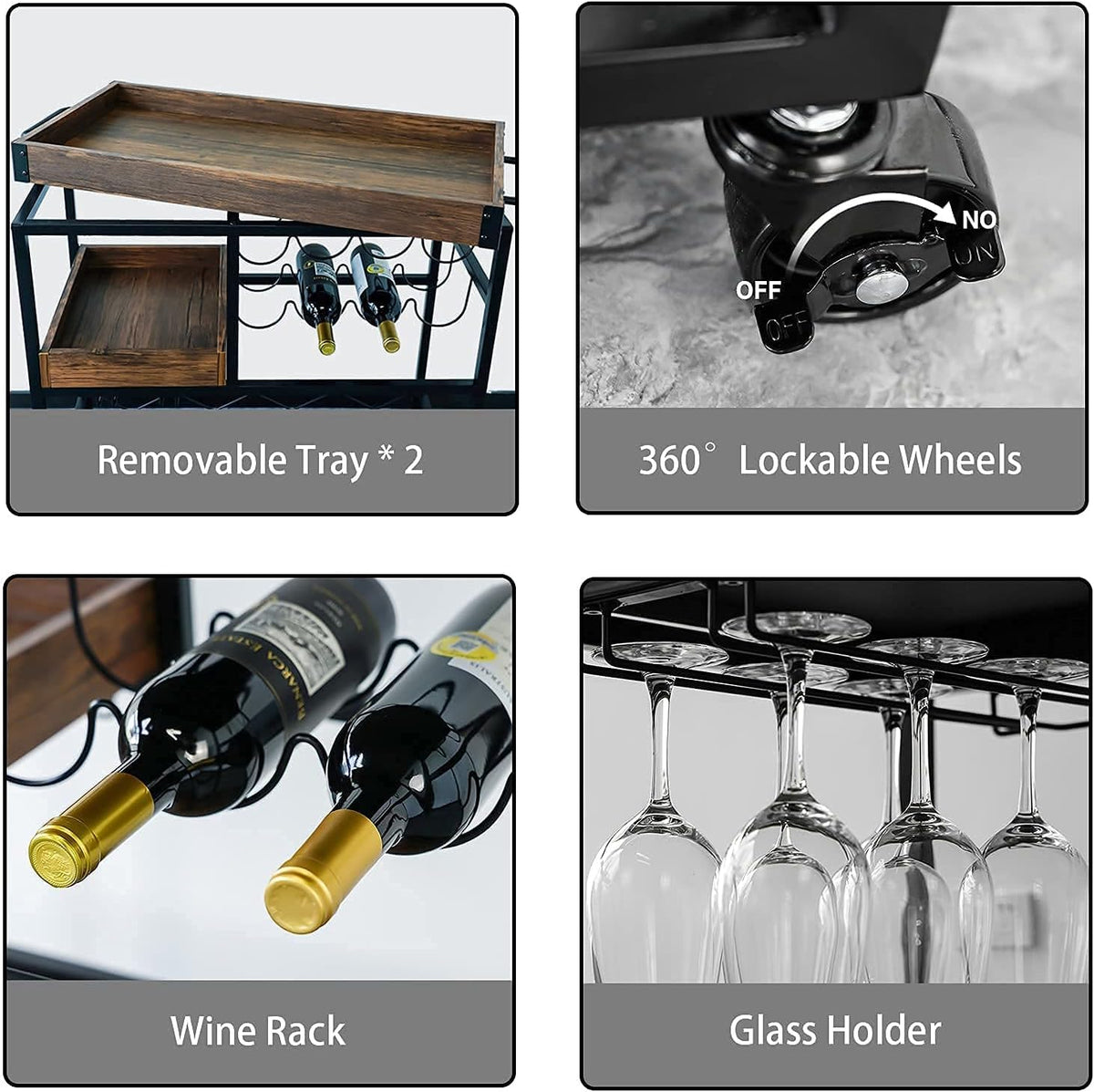Bar Cart Industrial Kitchen Serving Carts for Home 3 Tier Storage Trolley with Wine Rack Glasses